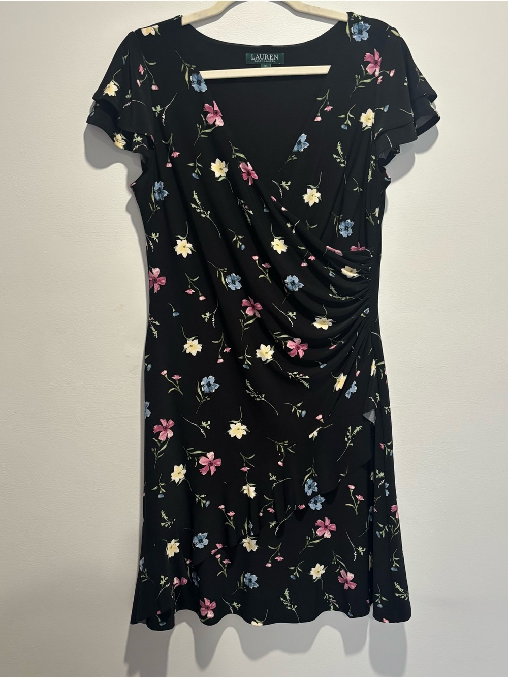 Lauren Ralph Lauren Black Floral Faux-Wrap Midi Dress Size 12 lined flutter